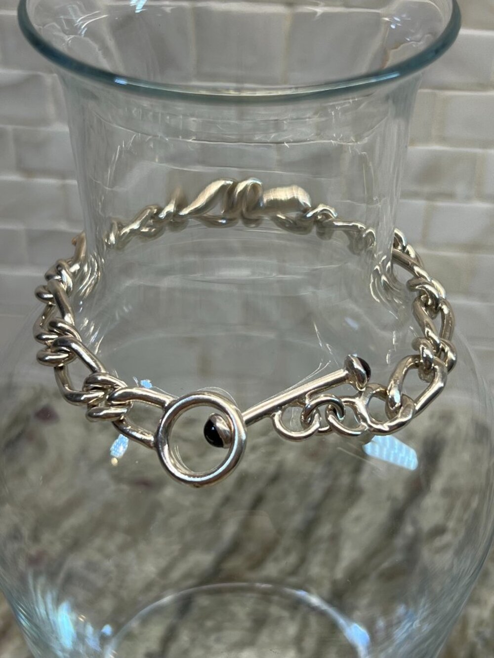 Vintage Sterling Silver Chunky Figure-8 Link Bracelet w/ Garnet Cabochon Toggle